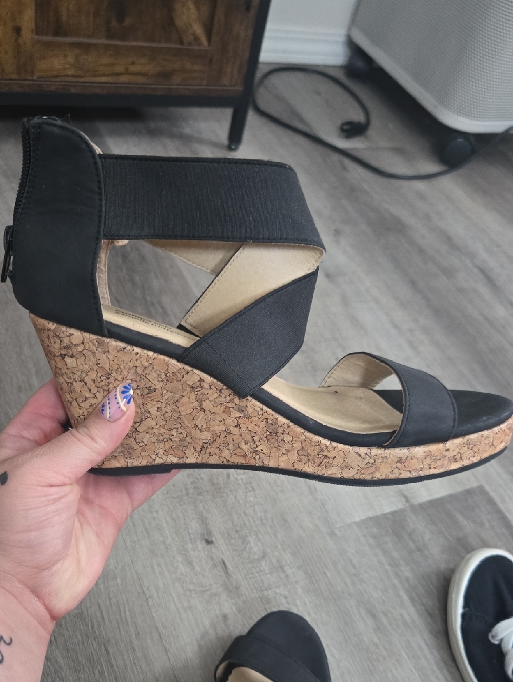 Time and Tru Black Cork Wedge Sandals with Elastic Cross Straps